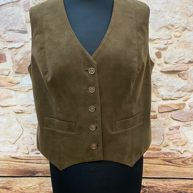 „Vintage Damen Weste in Braun Gr. 42 mit Knopfleiste, V-Ausschnitt und Alcantara Optik im Sale“
