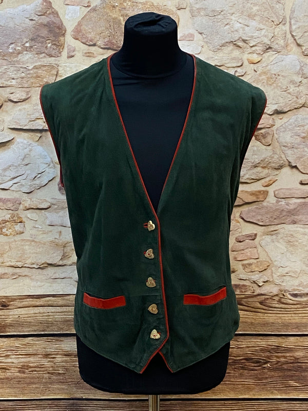 „Detail Trachtenweste grün mit roten Paspeln und Herzknöpfen Vintage Damen“