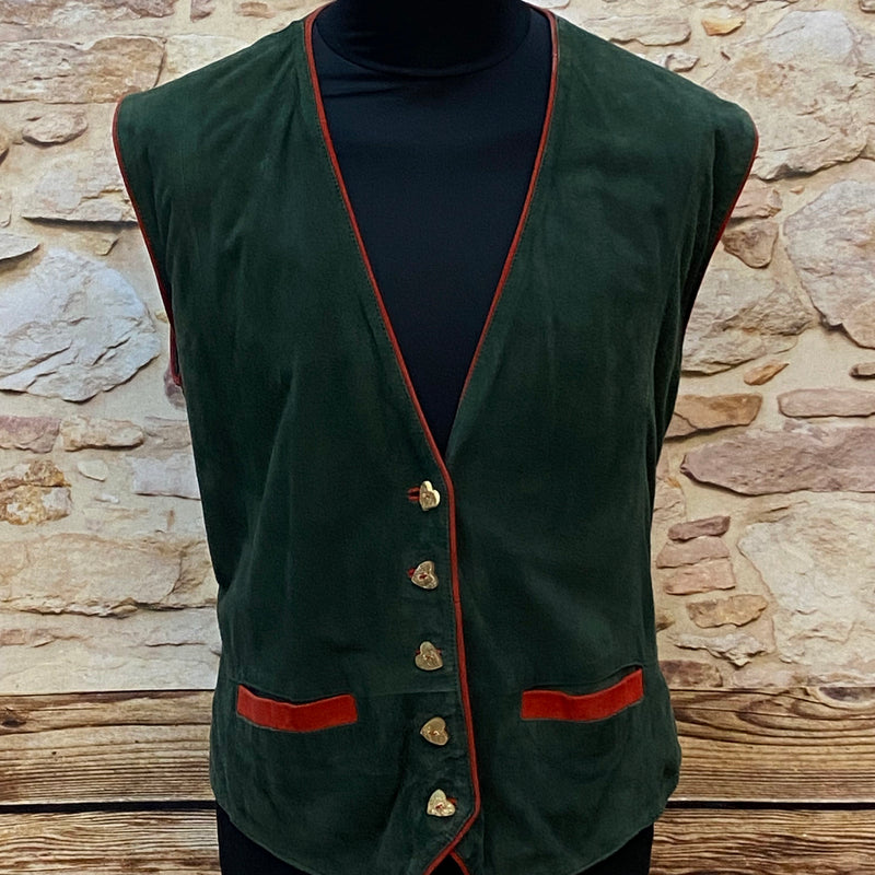 „Detail Trachtenweste grün mit roten Paspeln und Herzknöpfen Vintage Damen“