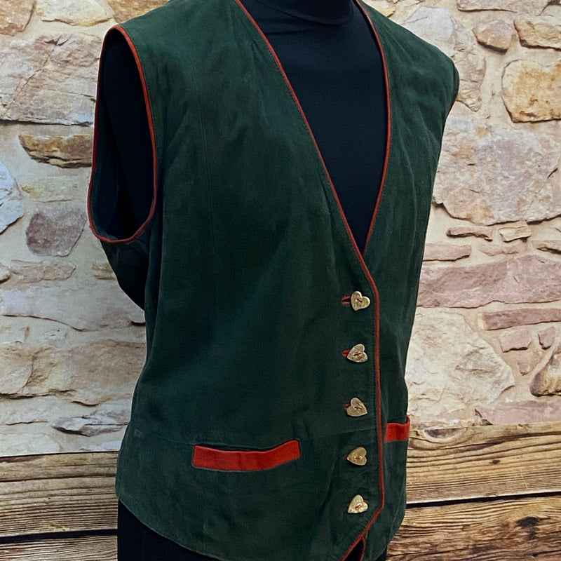 „Detail Trachtenweste grün mit roten Paspeln und Herzknöpfen Vintage Damen“