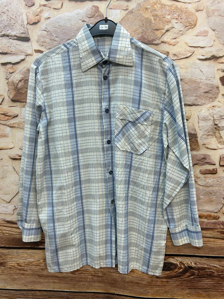 Vintage DDR Herrenhemd Karo beige blau, Gr. 39, Trikotagenwerk Schönheide, breiter 70er Kragen