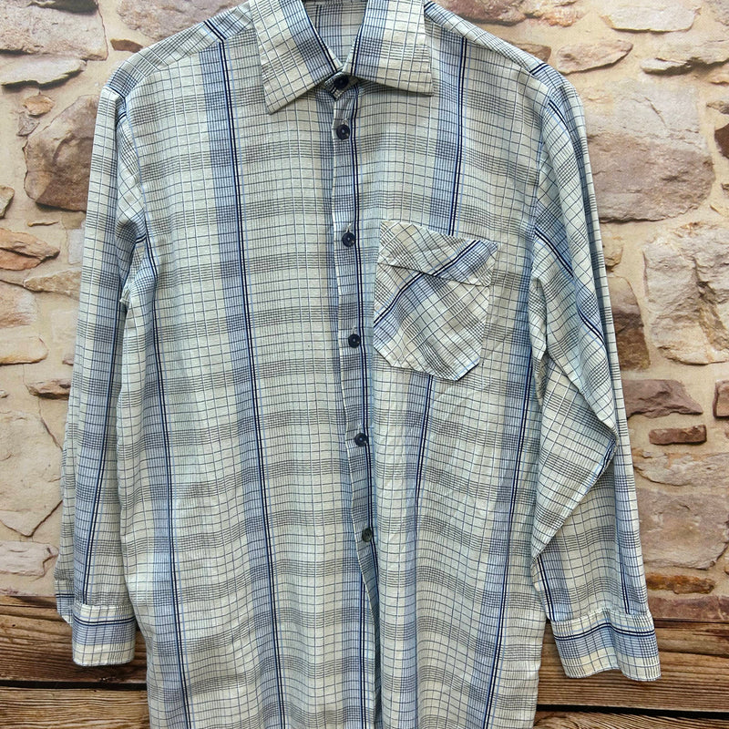 Vintage DDR Herrenhemd Karo beige blau, Gr. 39, Trikotagenwerk Schönheide, breiter 70er Kragen