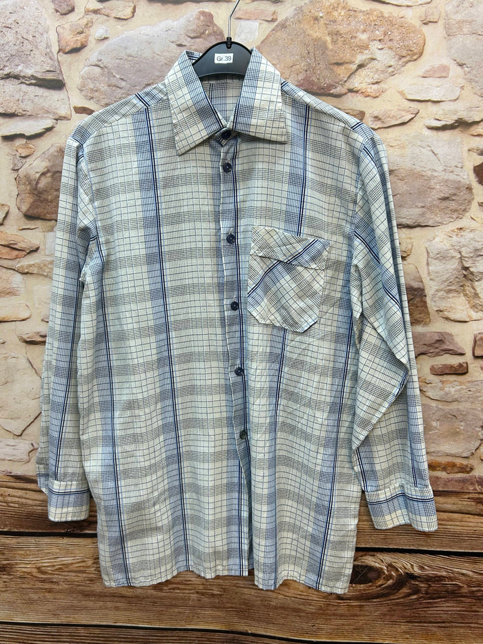 Vintage DDR Herrenhemd Karo beige blau, Gr. 39, Trikotagenwerk Schönheide, breiter 70er Kragen