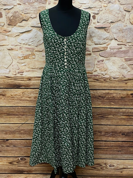 Vintage Dirndl von Berwin & Wolf, Größe 42, dunkelgrün mit weißem Muster, ärmellos, mit Knopfleiste.