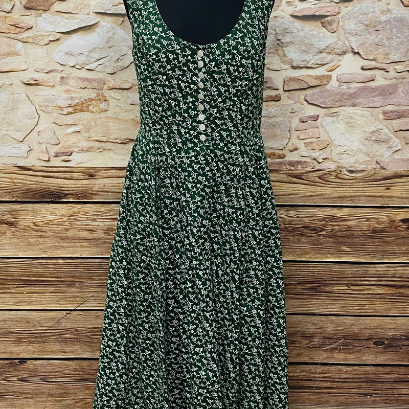 Vintage Dirndl von Berwin & Wolf, Größe 42, dunkelgrün mit weißem Muster, ärmellos, mit Knopfleiste.