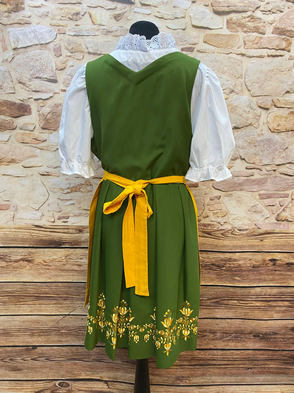 Bild 1: Vintage Dirndl Grün Gr. 48/50 mit gelber Schürze, Blumenstickerei und weißer Dirndlbluse
