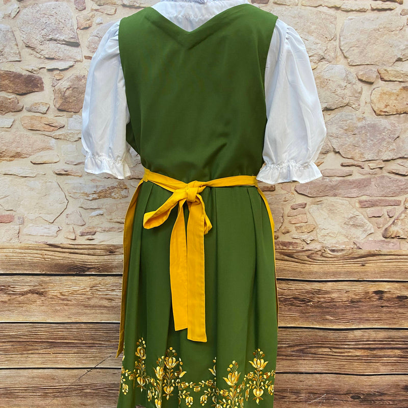 Bild 1: Vintage Dirndl Grün Gr. 48/50 mit gelber Schürze, Blumenstickerei und weißer Dirndlbluse
