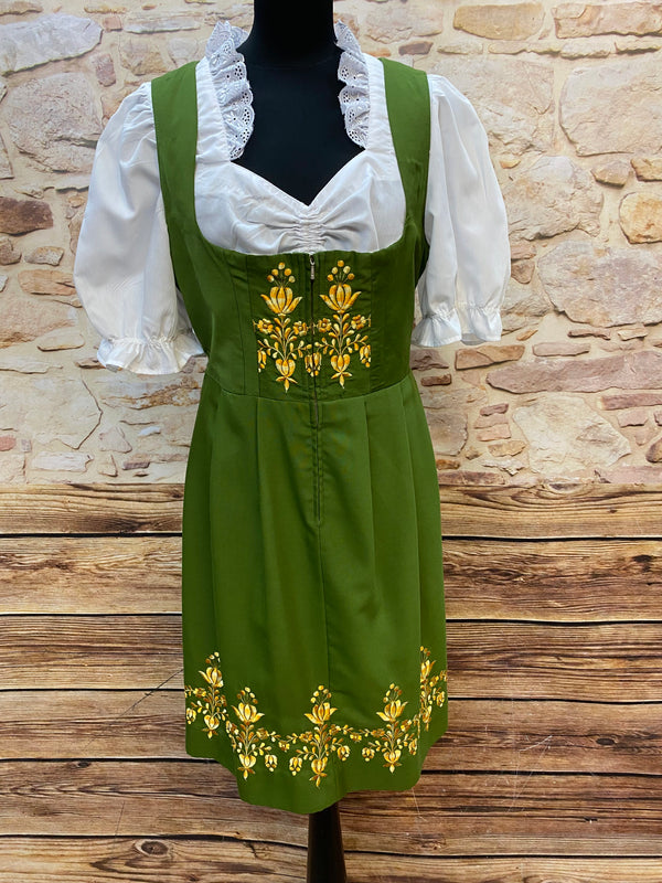 Bild 3: Vintage Dirndl Grün mit gelber Blumenstickerei am Mieder und Rocksaum