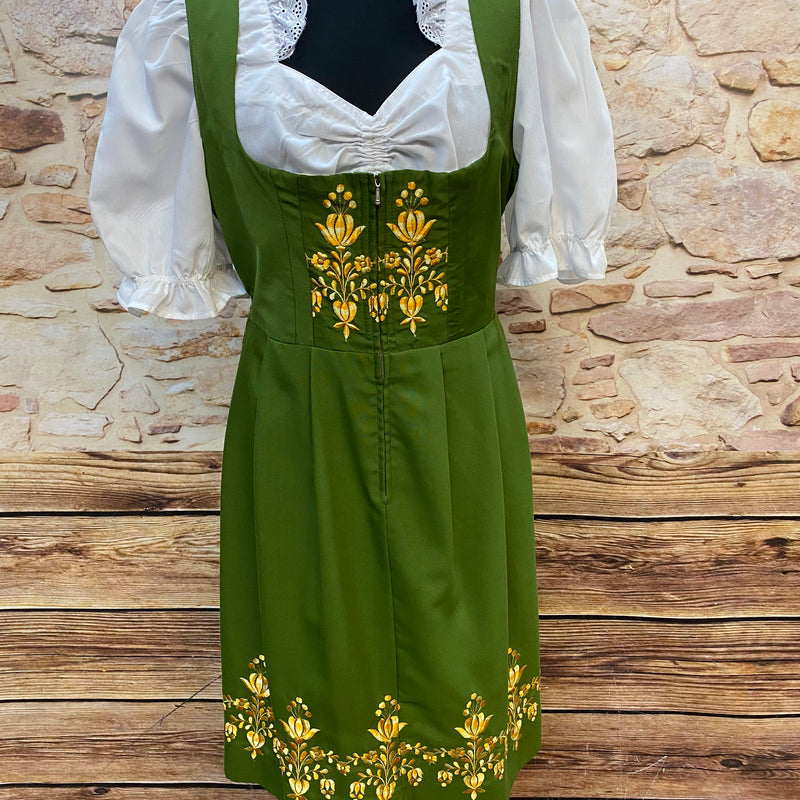 Bild 3: Vintage Dirndl Grün mit gelber Blumenstickerei am Mieder und Rocksaum