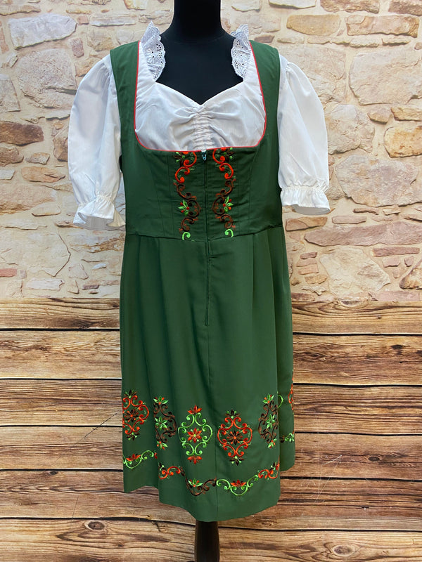 Vintage Dirndl Grün Gr. 48 mit floraler Stickerei am Mieder und Rocksaum