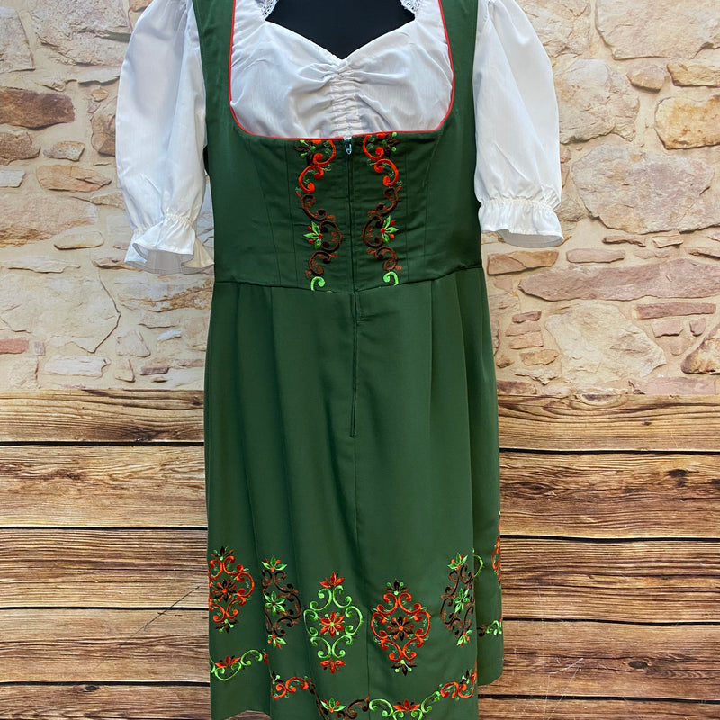 Vintage Dirndl Grün Gr. 48 mit floraler Stickerei am Mieder und Rocksaum