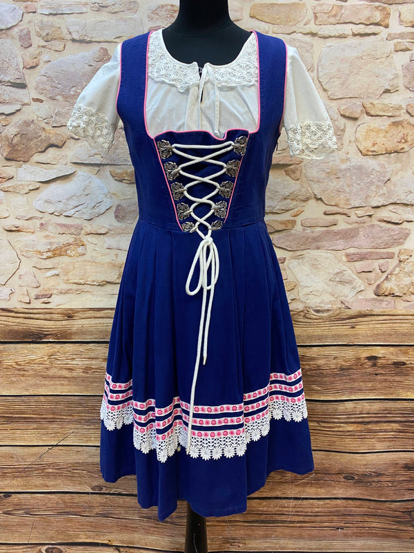 Vintage Salzburger Dirndl Gr. 36 - Blau mit Schnürung, Bluse & rosa Schürze, Ansicht 5