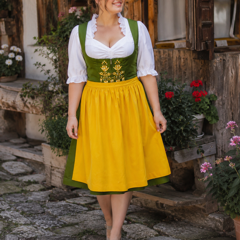 Vintage Dirndl Damen in Grün mit gelber Schürze und weißer Bluse, traditionelles Trachtenkleid für Oktoberfest und Volksfest, am Modell in ländlicher Umgebung, KI-generiert.