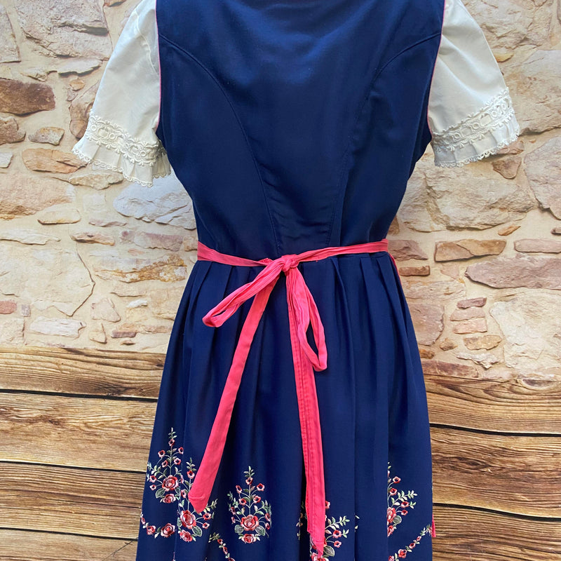 Vintage Dirndl Gr. 42 Dunkelblau mit Blumenstickerei, Bluse & Spitzenschürze