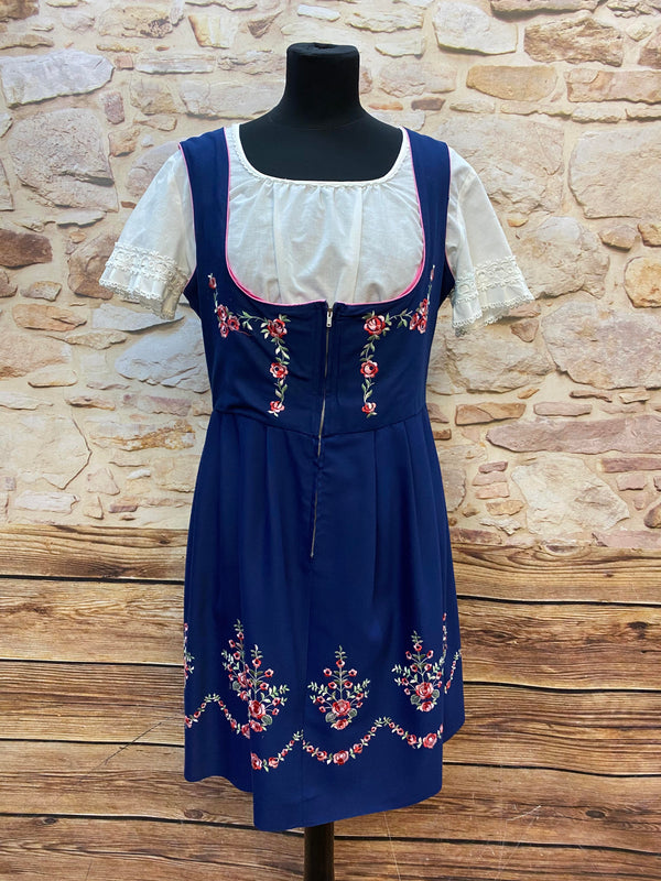 Vintage Dirndl Gr. 42 Dunkelblau mit Blumenstickerei, Bluse & Spitzenschürze