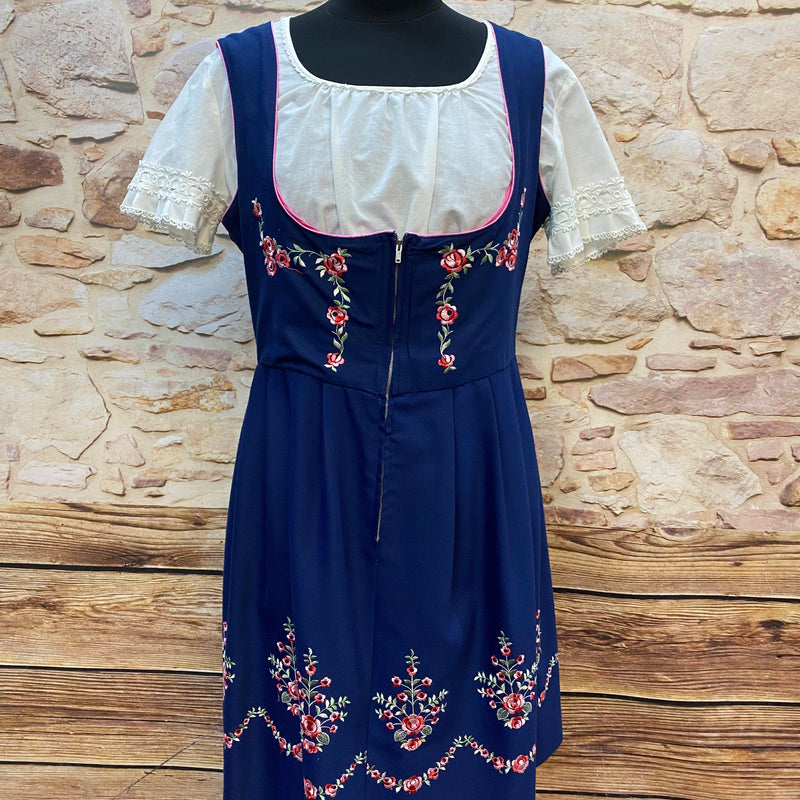 Vintage Dirndl Gr. 42 Dunkelblau mit Blumenstickerei, Bluse & Spitzenschürze