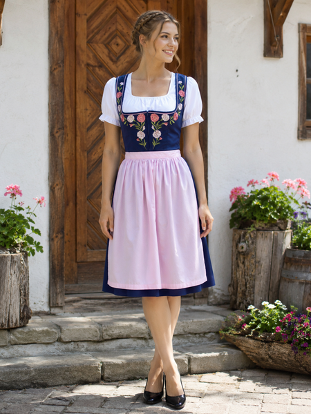 KI-generiert: Dunkelblaues Vintage Dirndl Gr. 38 mit rosa Schürze an echtem Modell in realer Umgebung