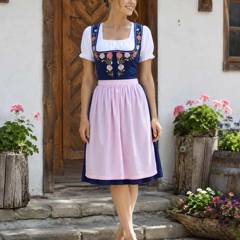 KI-generiert: Dunkelblaues Vintage Dirndl Gr. 38 mit rosa Schürze an echtem Modell in realer Umgebung