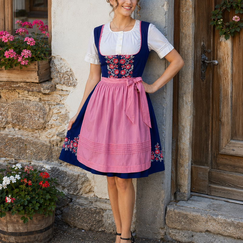 KI-generiertes Vintage Dirndl Gr. 38 in Blau mit Blumenstickerei, weißer Bluse und rosa Schürze am Model.