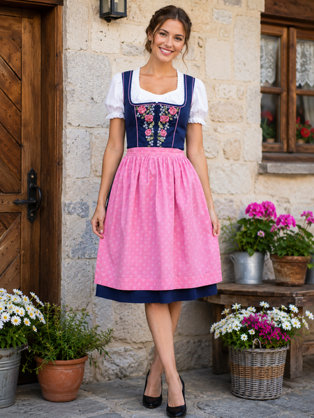 KI-generiertes Vintage Dirndl Gr. 40 in Blau mit Rosenstickerei, weißer Bluse und rosa Schürze am Model.