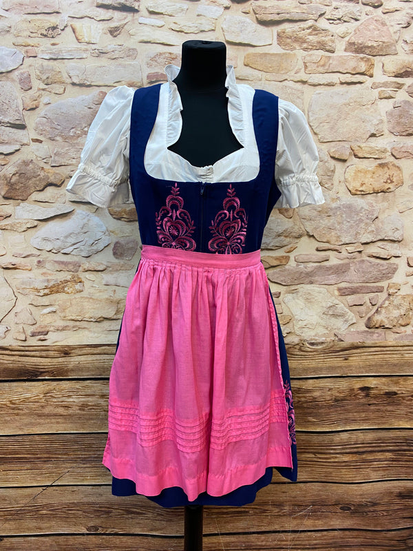 Vintage Dirndl Gr. 40 blau mit pinker Stickerei, weißer Bluse und Schürze