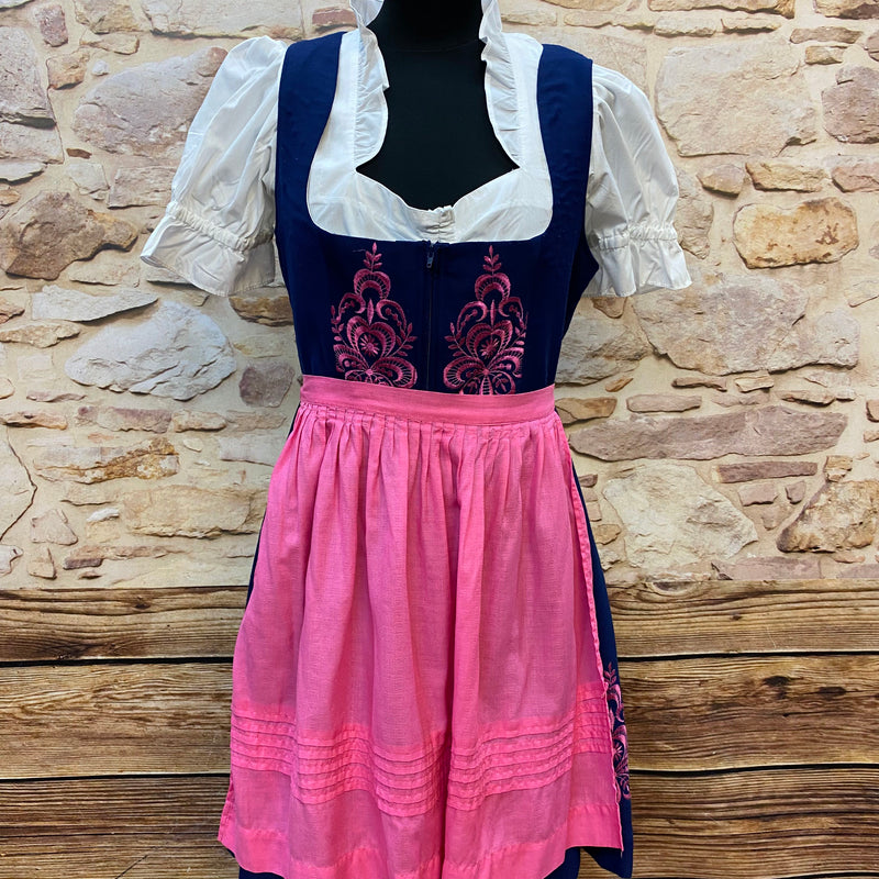 Vintage Dirndl Gr. 40 blau mit pinker Stickerei, weißer Bluse und Schürze