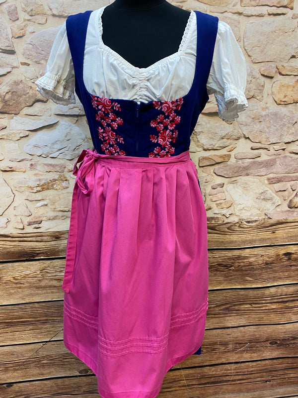 Vintage Dirndl Gr. 42 blau mit Rosenstickerei, weißer Bluse und pinker Schürze