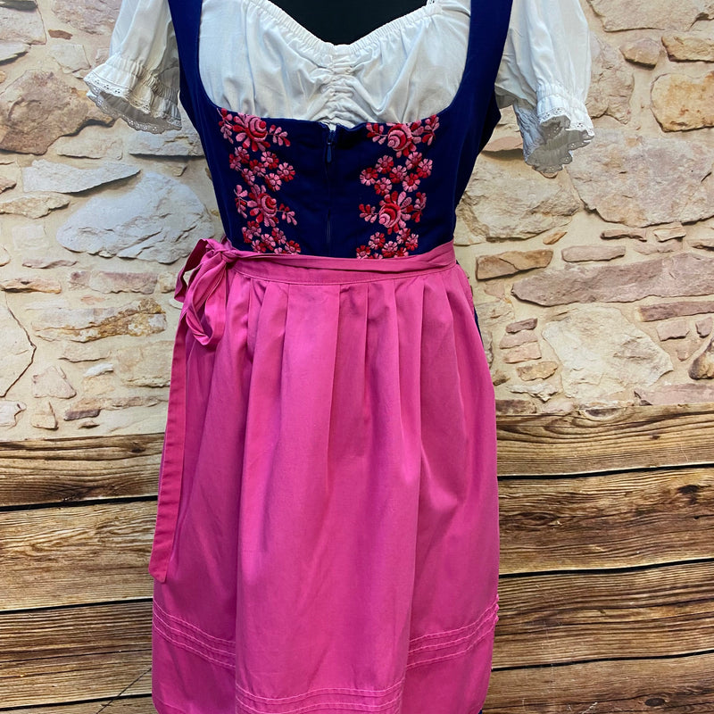 Vintage Dirndl Gr. 42 blau mit Rosenstickerei, weißer Bluse und pinker Schürze