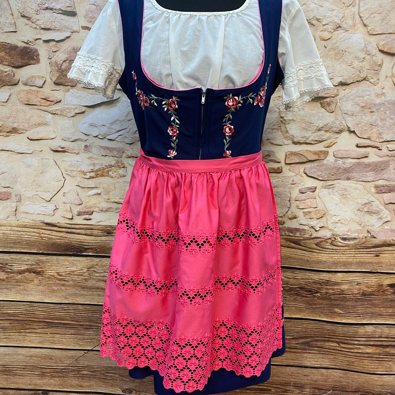 Vintage Dirndl Gr. 42 dunkelblau mit Blumenstickerei, weißer Bluse und rosa Spitzenschürze