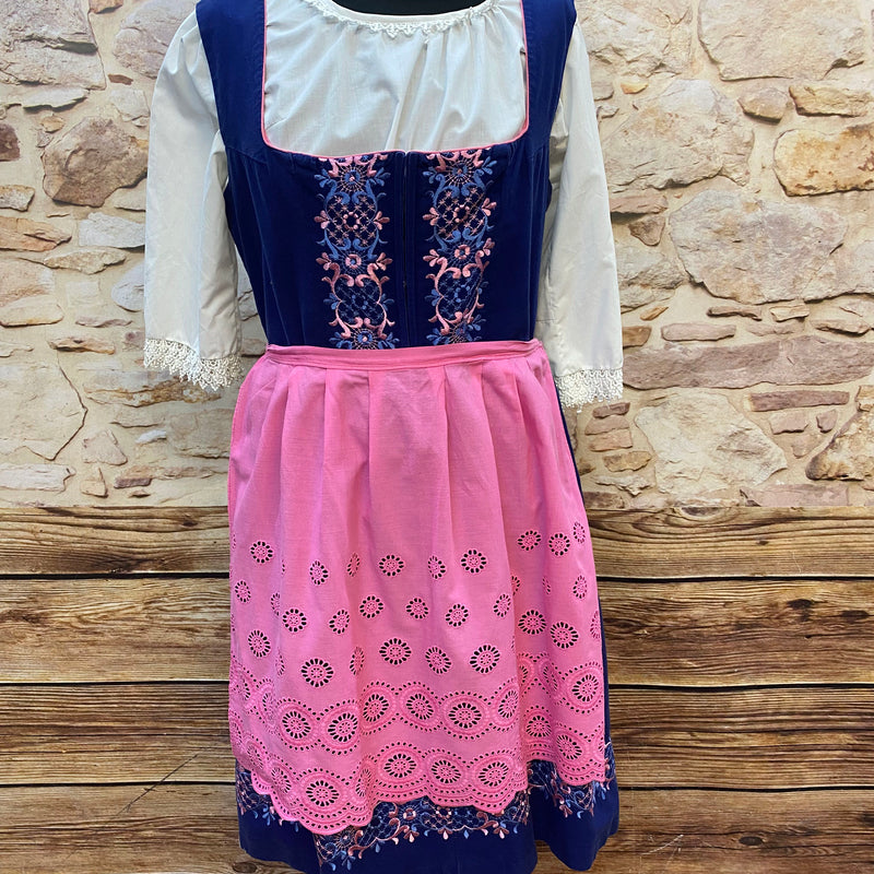 Vintage Dirndl Gr. 46/48 dunkelblau bestickt mit weißer Bluse und rosa Spitzenschürze
