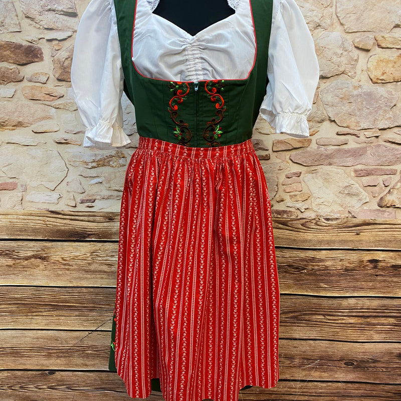 Vintage Dirndl Grün Gr. 48 mit Stickerei, roter Schürze und weißer Dirndlbluse