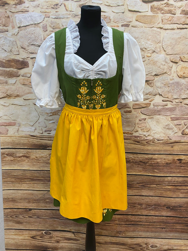 Bild 1: Vintage Dirndl Grün Gr. 48/50 mit gelber Schürze, Blumenstickerei und weißer Dirndlbluse