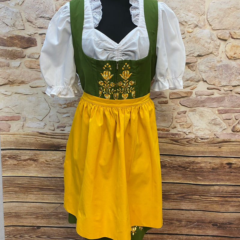 Bild 1: Vintage Dirndl Grün Gr. 48/50 mit gelber Schürze, Blumenstickerei und weißer Dirndlbluse