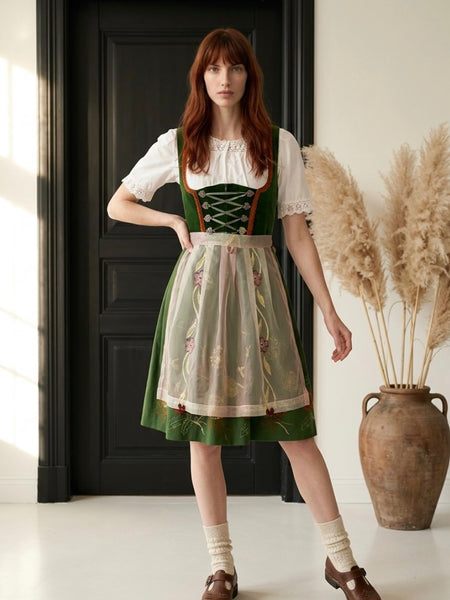 „Vintage Dirndl grün mit Schürze und Bluse Rose Dirndl Größe 42“