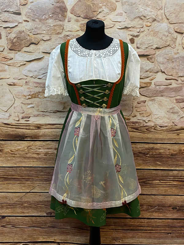 „Vintage Dirndl Set grün mit Spitzenbluse und transparenter Schürze“