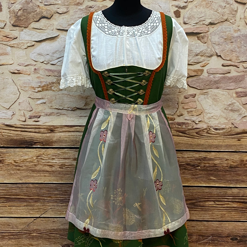 „Vintage Dirndl Set grün mit Spitzenbluse und transparenter Schürze“