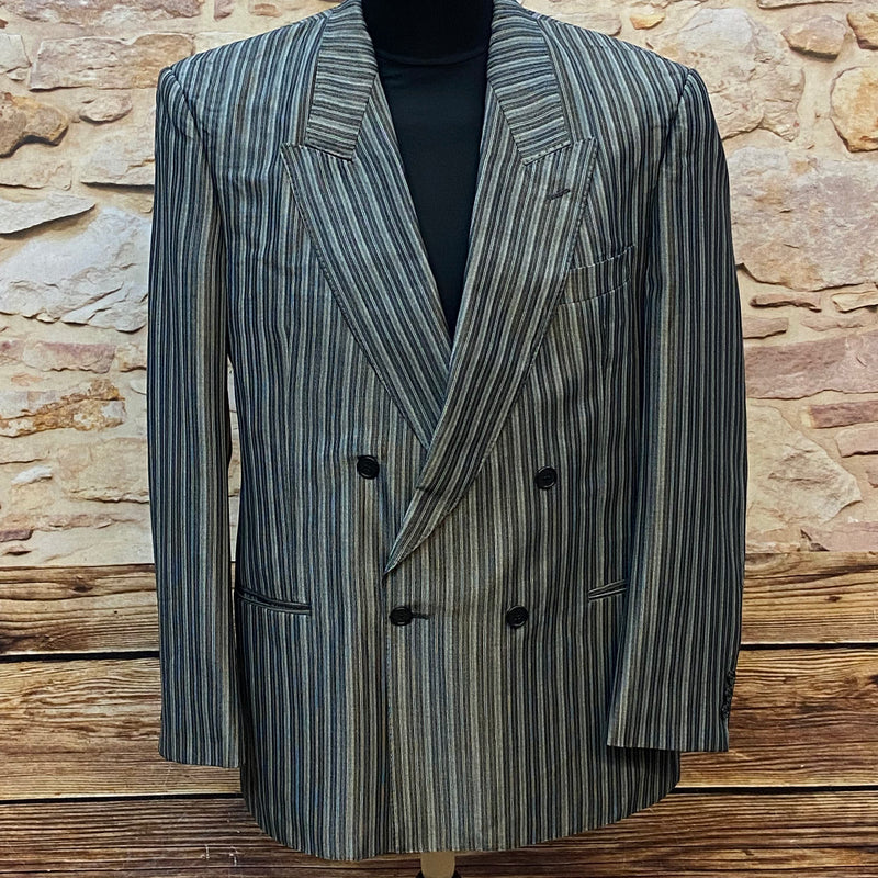 Vintage Herren-Doppelreiher-Sakko in Größe 50, grau-blau gestreifter Wollmix mit breiten Revers und Doppelknopfreihe