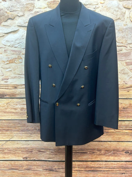 „Vintage Doppelreiher-Sakko in Dunkelblau mit goldfarbenen Knöpfen, Schurwolle, Herrenmode 1980er/90er Jahre“