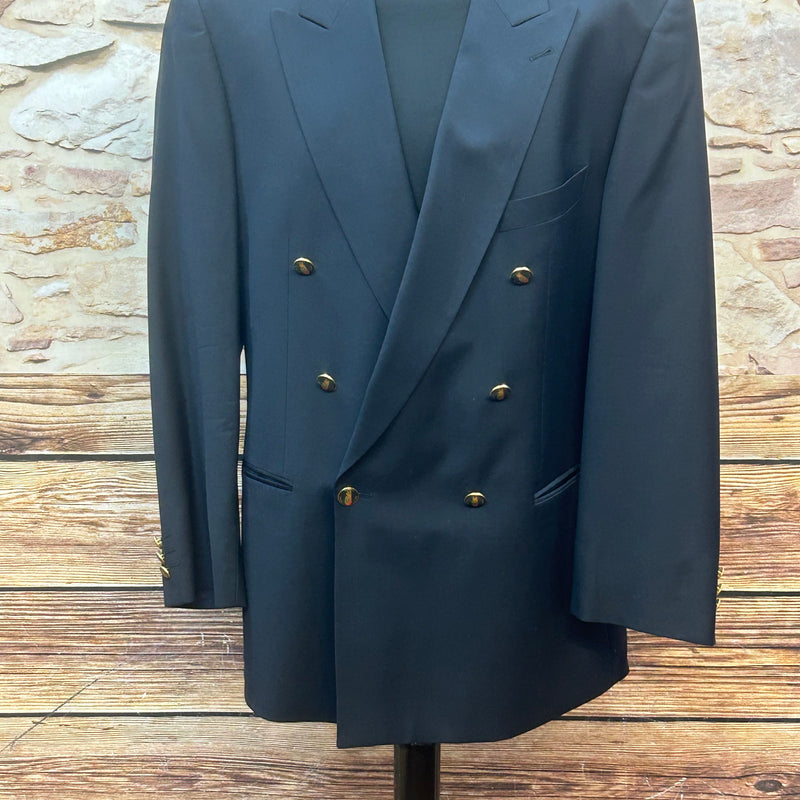 „Vintage Doppelreiher-Sakko in Dunkelblau mit goldfarbenen Knöpfen, Schurwolle, Herrenmode 1980er/90er Jahre“