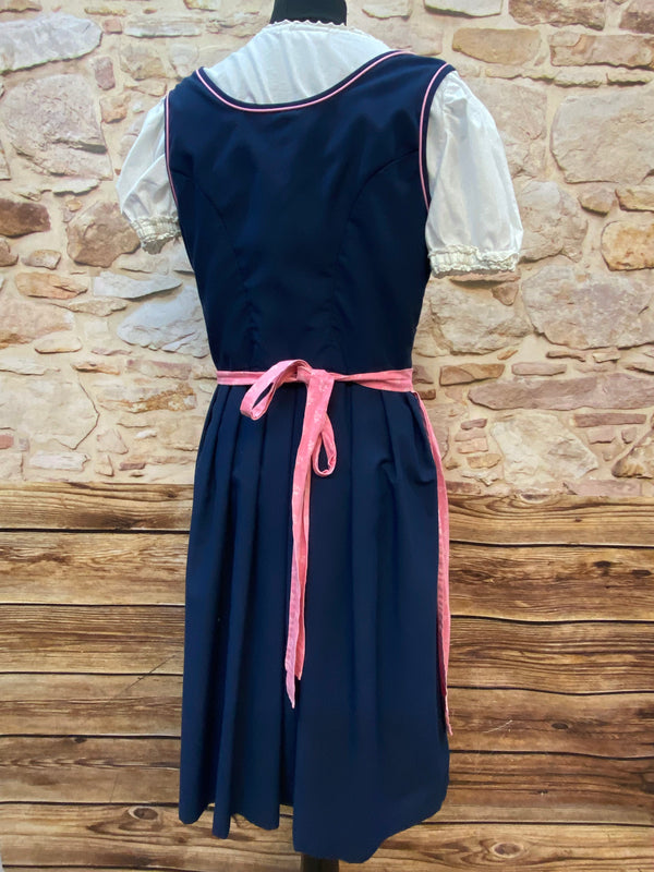 Vintage Dirndl Gr. 40 dunkelblau mit Rosenstickerei, Bluse & rosa Schürze