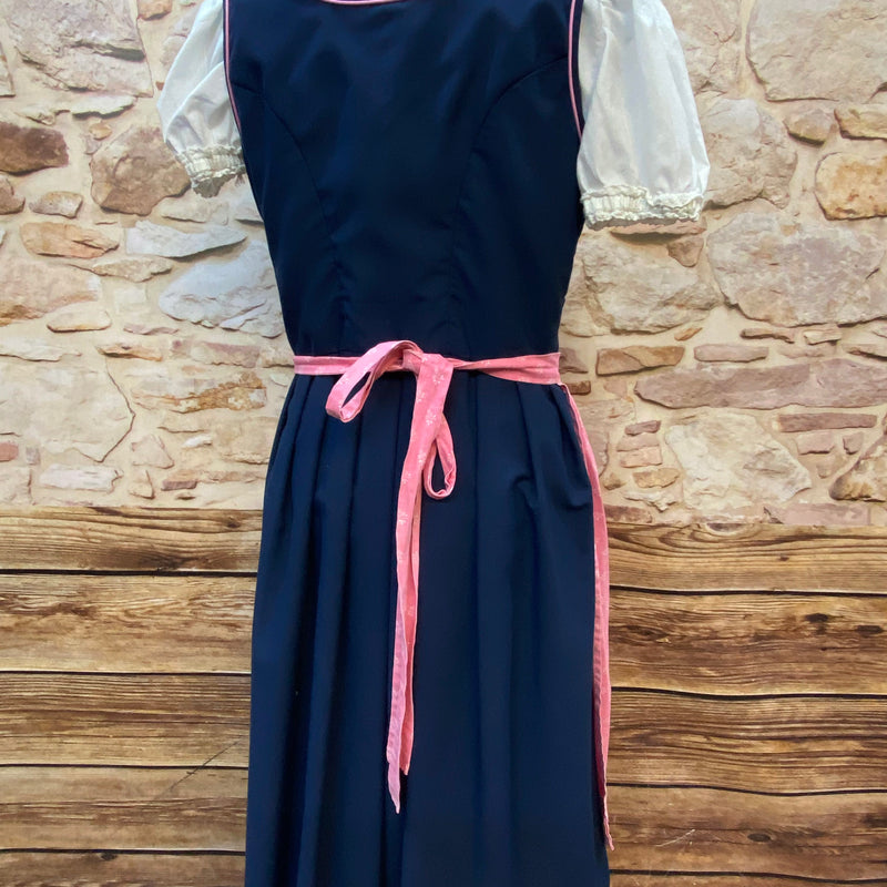 Vintage Dirndl Gr. 40 dunkelblau mit Rosenstickerei, Bluse & rosa Schürze