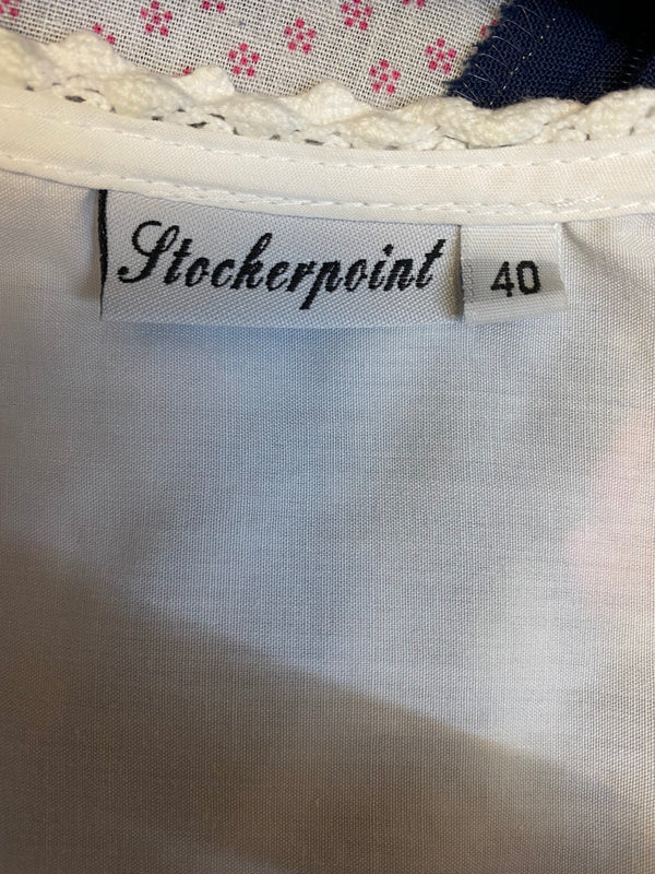 Vintage Dirndl Gr. 40 dunkelblau mit Rosenstickerei, Bluse & rosa Schürze