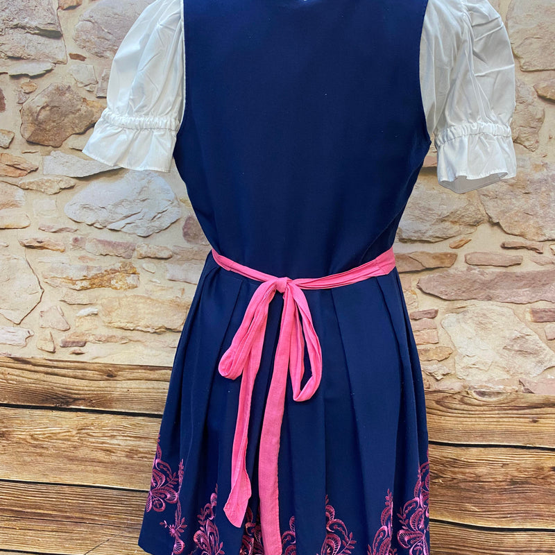 Vintage Dirndl Gr. 40 Blau mit pinker Stickerei, Bluse & Schürze