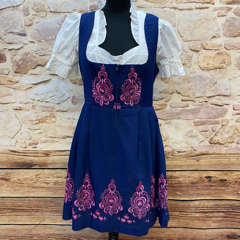 Vintage Dirndl Gr. 40 Blau mit pinker Stickerei, Bluse & Schürze
