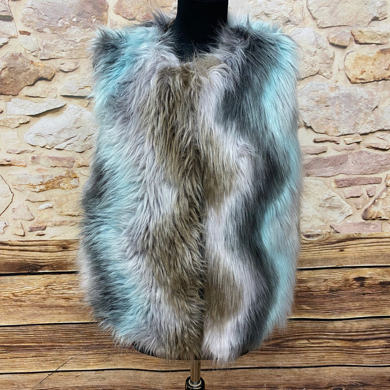 „Vintage Fellweste Damen 70er Stil türkis braun beige Kunstfell Vorderansicht Größe M“