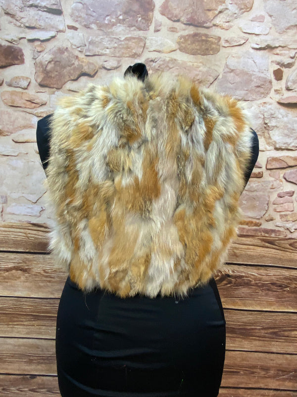 Vintage Fellweste XXL in Naturtönen mit Bindebändern und Pompons, gefüttert; Damen-Weste im Boho-/70er-Look, guter Vintage-Zustand.