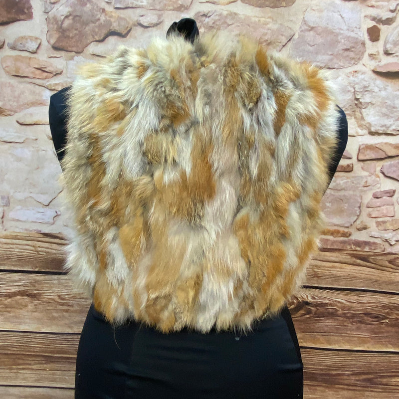 Vintage Fellweste XXL in Naturtönen mit Bindebändern und Pompons, gefüttert; Damen-Weste im Boho-/70er-Look, guter Vintage-Zustand.