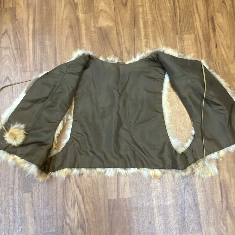 Vintage Fellweste XXL in Naturtönen mit Bindebändern und Pompons, gefüttert; Damen-Weste im Boho-/70er-Look, guter Vintage-Zustand.