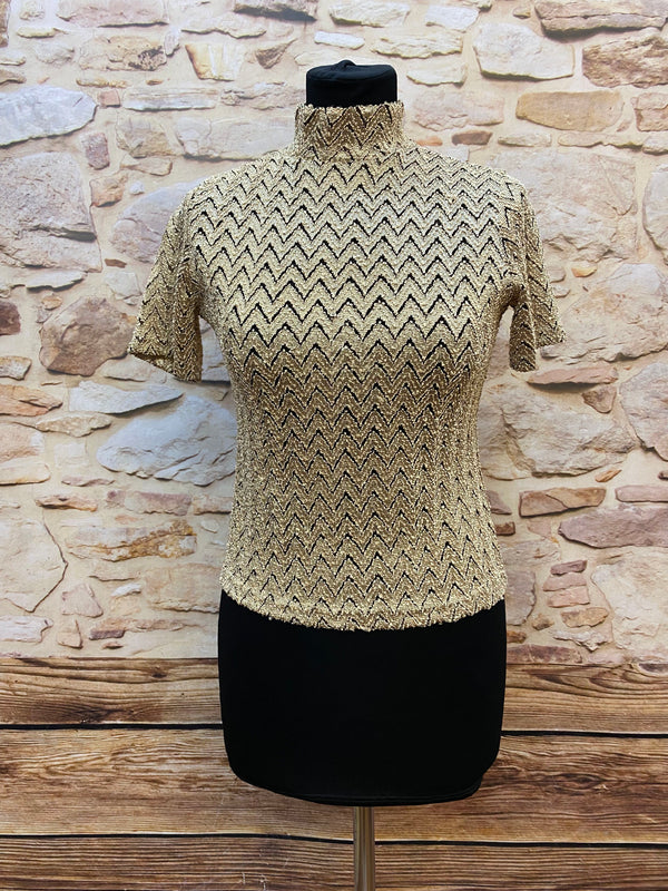 „Vintage Glitzer Oberteil Damen Größe M in Gold Schwarz mit Stehkragen Vorderansicht“