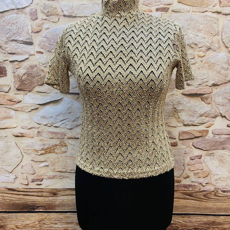 „Vintage Glitzer Oberteil Damen Größe M in Gold Schwarz mit Stehkragen Vorderansicht“
